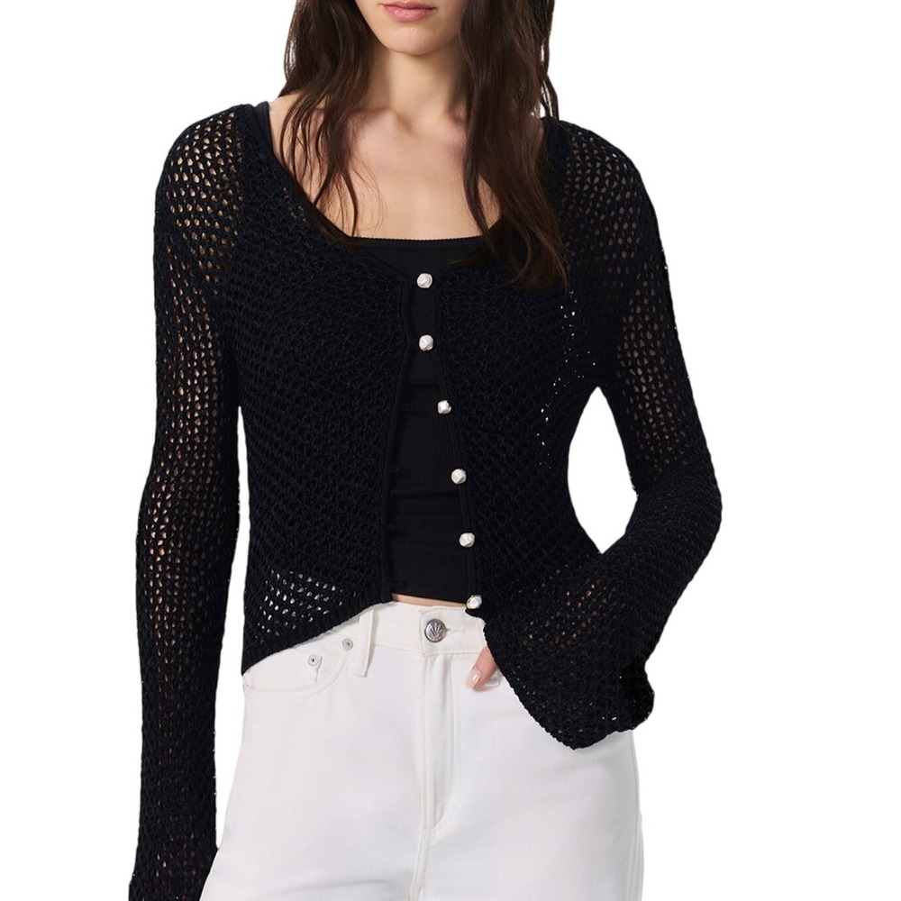 rag & bone Ellie Open-Knit V-Neck Cardigan Women S Black NWT‎ Pearl Buttons